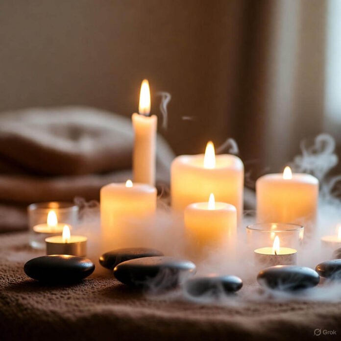 Candles and hot stones in hazy spa light.