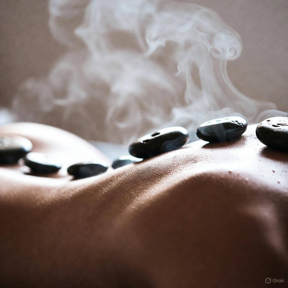 Hot stones on oiled back with rising steam.