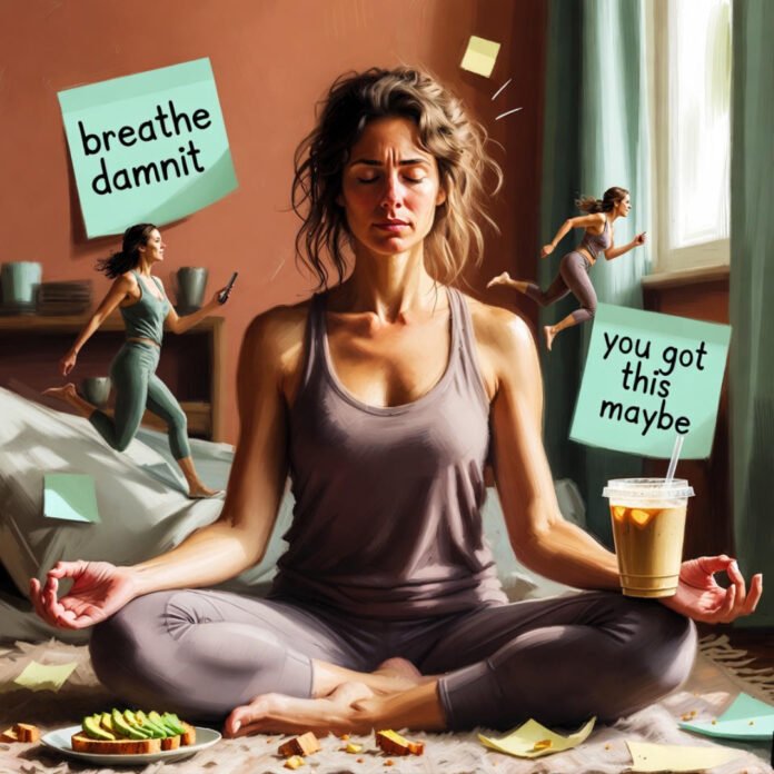 Disheveled woman meditates with coffee and phone chaos