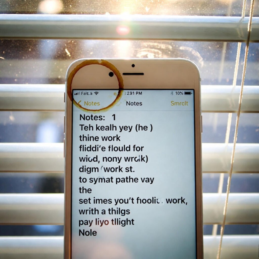 Coffee-stained phone showing messy, typo-filled gratitude notes