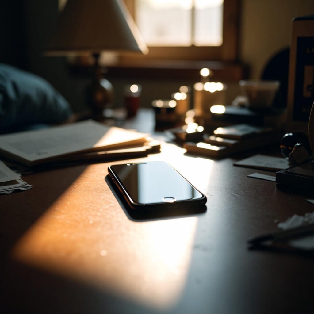 Phone face-down on nightstand, lit like a cursed artifact