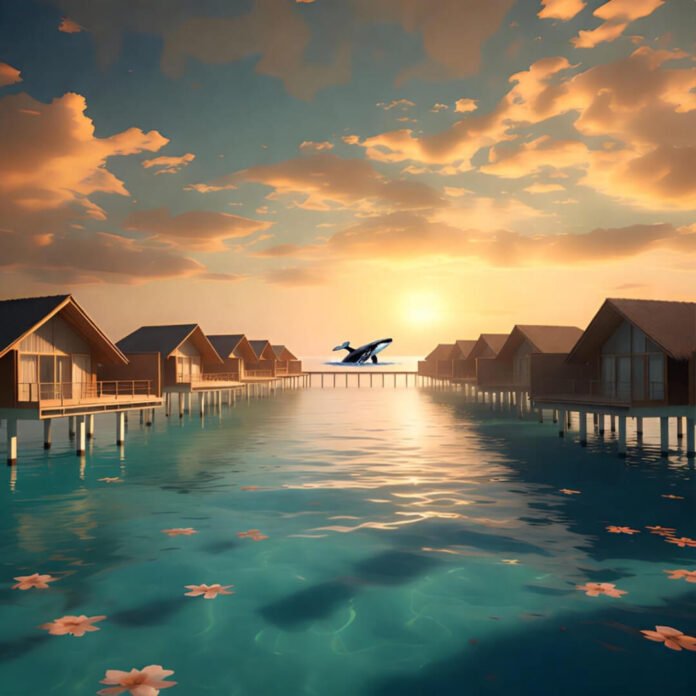 Dreamy Overwater Bungalows at Sunset with Breaching Whale